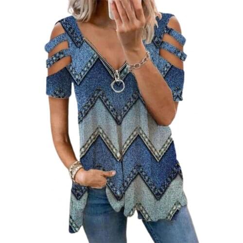 Stylish Women T-shirt Zipper V Neck Hollow Short Sleeve Printed Loose Blouse Top for Office