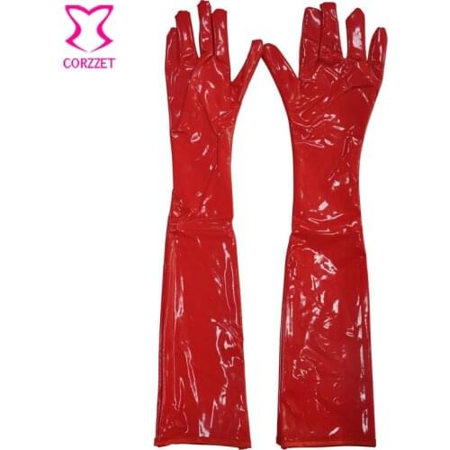 Corzzet Gothic Punk Black&Red PVC Long Leather Gloves 40cm & 50cm Womens Mittens Ladies Leather Gloves