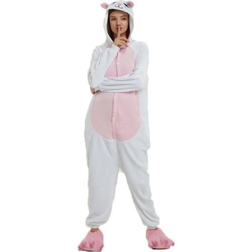Adult Anime Kigurumi Onesie White Pink Cat Costume For Women Animal Pig Party Onepieces Sleepwear Disguise Home Cloths Girl Boy