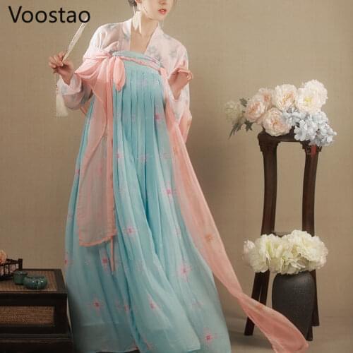 Chinese Style Women Elegant Hanfu Dresses Ancient Traditional Tang Dynasty Princess Costumes Floral Print Chiffon Fairy Sets