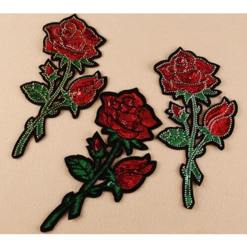 1 Pcs Patches Beaded Sequin Red Rose Flower Embroidery Patch Motif Applique Children Women DIY Clothes Sticker Wedding
