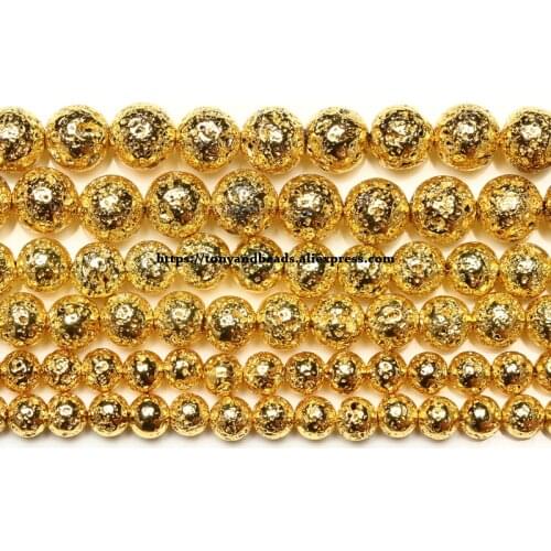 Natural Stone Gold Plated Volcano Lava Round Loose Beads 15" Strand 4 6 8 10 12MM Pick Size For Jewelry Making