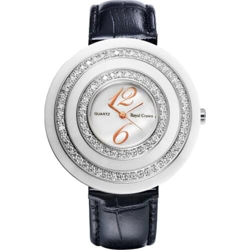 Royal Crown Large Lady Womens Watch Japan Quartz Ceramic Hours Fine Fashion Dress Bracelet Leather Luxury Rhinestone Gift