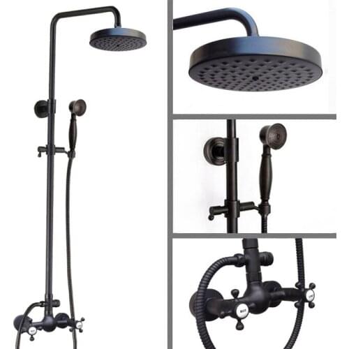 Black Oil Rubbed Brass Dual Cross Handles Bathroom 8 Inch Round Rain Shower Faucet Set Bath Mixer Tap Hand Shower mrs496