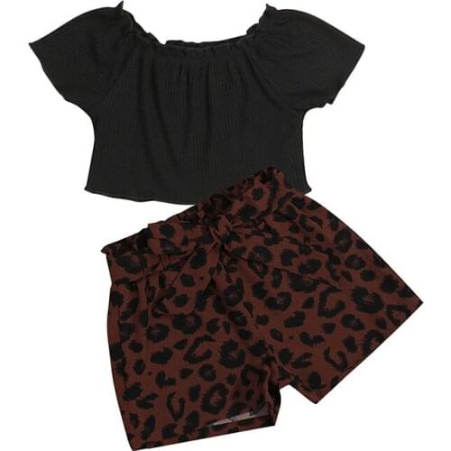 Kids Baby Girl Casual Clothes 2pcs Off Shoulder Solid Color Short Sleeve Boat Neck T-shirt Belted Leopard Shorts Childrens Sets