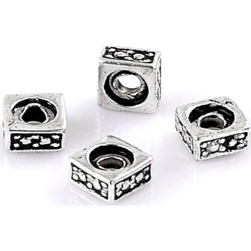 Doreen Box hot- Charm Beads Square Silver Color Pattern Carved 5x5mm,200PCs (B22427)
