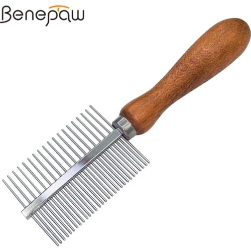 Benepaw Double-Sided Stainless Steel Comb Dog Quality Comfortable Wooden Handle Safe Rounded Tip Pet Grooming Brush Shedding