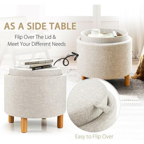 Round Stool Storage Ottoman with Tray Top Accent Padded Footrest Living Room Furniture Space Saving Furniture