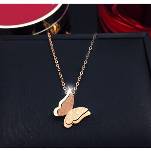 Fashion Double Frosted Stainless Steel Gold Color Butterfly Necklace Charms Jewelry Gift For Girls