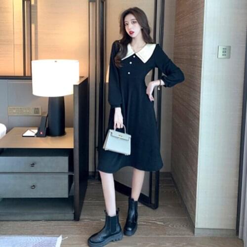 Autumn Plus Size Double Peter Pan Collar Dresses For Women French Vintage A Line Long Sleeve Pullover Knee Length Dress Elegant