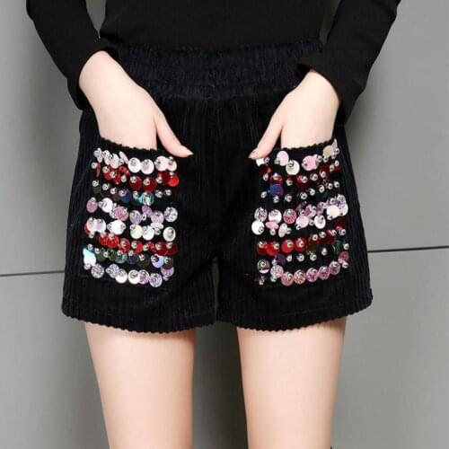 Fall Fashion Woman Lady Elastic High Wasited Colored Glitter Black Corduroy Shorts , 2017 Wide Leg Sequined Shorts For Women