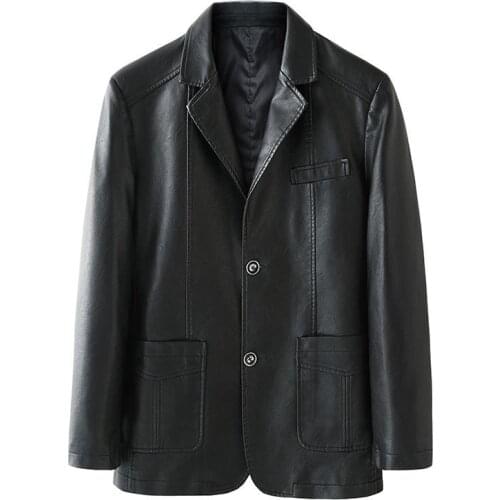 Idopy Autumn New Long Sleeve Men`s Faux Leather Jacket 3 Buttons Blazer Collar Business Casual Jacket Coat Plus Size L-6XL