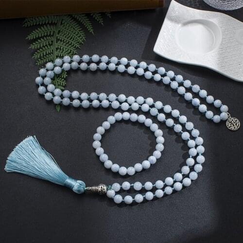 8mm Blue Chalcedony Beaded Mala Necklace Meditation Yoga Blessing Spiritual Jewelry 108 Japamala Rosary Tree of Life Pendant