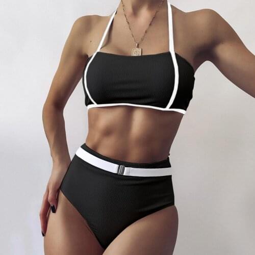 Sexy High Waist Bikinis 2021 Mujer Swimwear Women Swimsuits Halter Bandeau Ribbed Buckle Push Up Swimming Suit Belted Beachwear