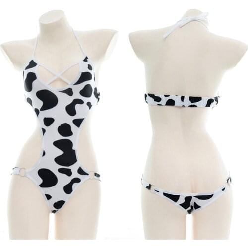 Sexy lingerie ladies sleepwear anime lolita girl cow polka dot print one-piece sexy milk costumes uniform tail