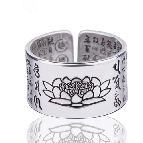 Silver-Color Lotus Rings Good Luck Buddha Adjustable Size Trendy Popular Solid Thai Silver Plated Ring for Women Men Jewelry