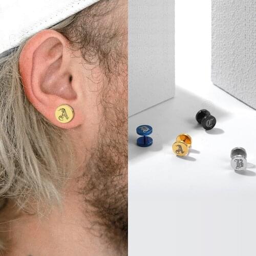 Gold Black 10mm Barbell Gothic Stainless Steel Letter Ear Studs Earrings for Men Women Alphabet Name Earrings Jewelry KE205A