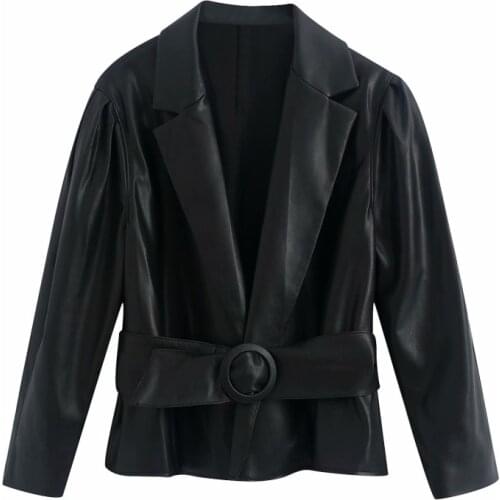 Nice Vintage Woman Black Leather Sashes Short Jackets New Spring Vogue Ladies Puff Sleeve Coats Female Cool V Neck PU Outwear