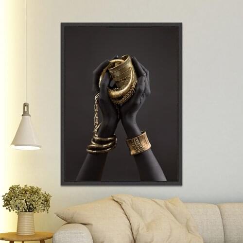 Black Womans Hand with Gold Jewelry Art Posters and Prints Canvas Painting Wall Pictures for Living Room Decoration Unframed