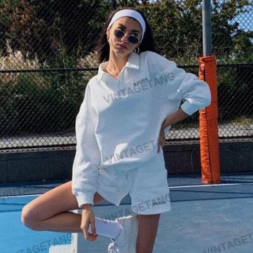 B-TOTO American Retro White Polo Collar Sweater Suit Womens Trendy Ins Thin Two-piece Suit 2021 New Fashion