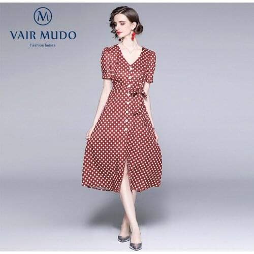 Women Dress Summer New Product V-neck Puff Sleeve Polka Dot Print Short Sleeve Dress A-line SkirtSingle Breasted Slim Y-111