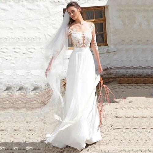 2021 Sexy Beach Wedding Dresses Chiffon Long Sleeves Bridal Gowns Sheer Neck Lace Appliques Ivory Vestidos De Noiva Floor Length