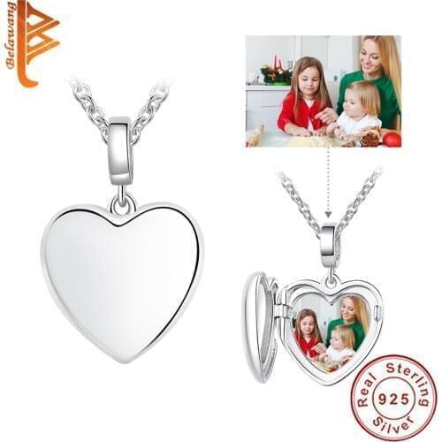 BELAWANG Wholesale Forever Love Custom Photo Heart Pendant Necklace 925 Sterling Silver Chain Necklace for Women Wedding Jewelry