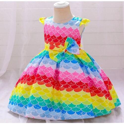 Childrens Dress Princess Dress Color Gradient Fish Scale Gradient Bow European And American Girls Full Moon Baby Dress