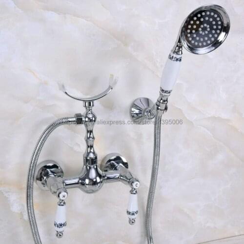 Chrome Wall Mounted Bathroom Faucet Bath Tub Mixer Tap With Ceramic Handle Hand Shower Head Shower Faucet Sets Bna265