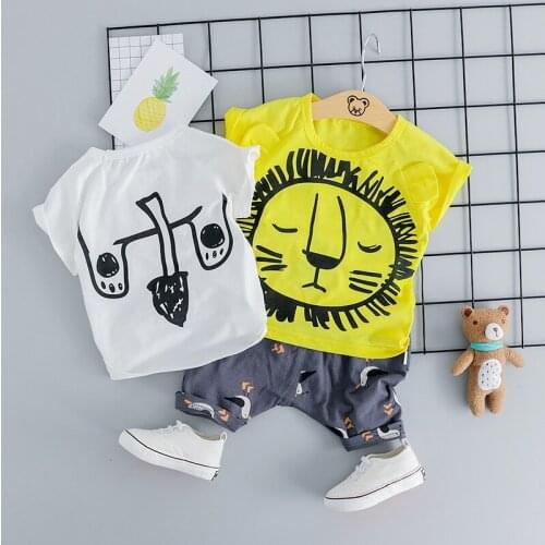 2020 Summer Children Clothing Set Baby Clothes Cartoon Print Lion Outfit Cotton Tshirt Pant 2pcs Toddler Boys Summer Costume