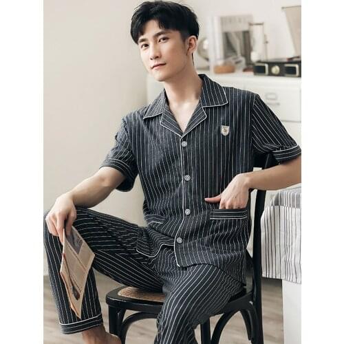 2021 Pure Cotton Summer Pajamas Sets for Men Short-sleeve 2 Pcs Pyjamas Sleepwear Male Home Clothes Striped 100% Cotton Pijama