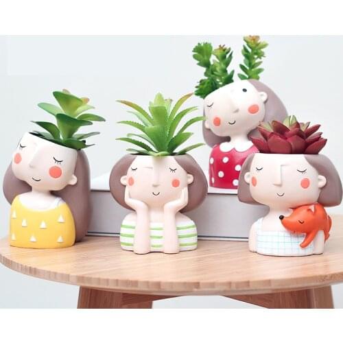 Lovely Girl Flower Pots Vases Home Decoration European Style Resin Succulent Plants Planter Pot Mini Bonsai Cactus Flower Vase