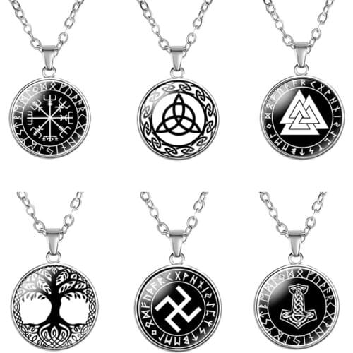 Nordway Viking Rune compass Thor’s Hammer Mjölnir Valknut axe Vintage Pendant Necklace The Helm Of Awe Punk Neck Chain Men Women
