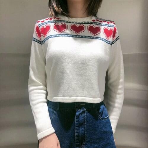UNUTH Girls Slim Short Heart Print Knitted Sweaters 2021 Spring-Autumn Fashion Ladies Vintage Pullovers Casual Women Chic