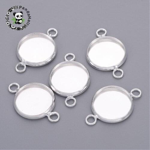 Flat Round Brass Bezel Cabochon Connector Settings, Silver Color, Tray: 12x1.5mm; 21x14mm, Hole: 1.5mm
