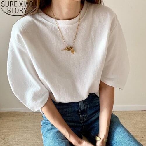 Casual Solid 4 Colors Puff Half Sleeve Shirts Korean Womens Summer T-shirt Women 2021 Round Collar Tee Shirt Clothes Tops 10199