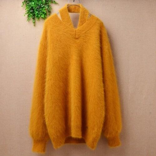 Female women winter thick warm hairy plush mink cashmere knitted long lantern sleeve loose oversized pullover angora fur sweater