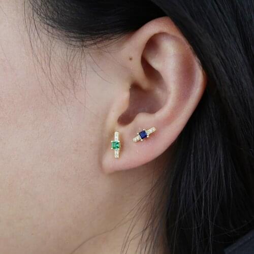 Real 925 Sterling Silver Rainbow Colorful Birthstone Cubic Zirconia 5A CZ Bar Stud Earring Girls Tiny Small Multi Piercing Stud