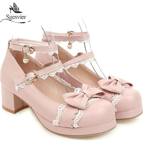 Sgesvier Sweet Lolita Princess Mary Janes Shoes Bowtie Lace Ruffles Cross Tied Strappy Cosplay Pumps Women Wedding Party Girls