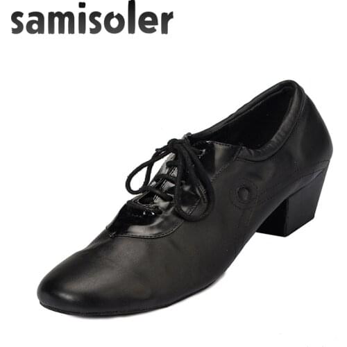 Samisoler B Mens Black leather ballroom dance shoes Flats Modern dance shoes Tango Party Wedding Square dance shoes