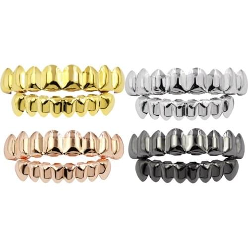 Hip Hop 2 Pcs Universal 18K Gold Plated 8 Flat Teeth Grills Bling Teeth Caps Set for Top And Bottom Teeth Men Rapper Jewelry