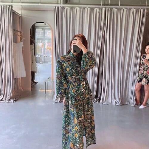 Vintage Designer dress brand vacation women clothes button up floral print lantern sleeves with belt party beach dresses vestido