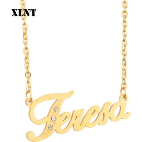 XLNT Teresa Name Necklace Stainless Steel Charm Personalized Name Necklace Jewelry Gold Nameplate Collier Femme Custom Gift