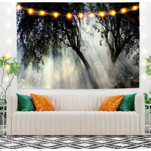 Mysterious Forest Scenery with Sun Tapestry Vintage Exotic Summer Plant Nature Frame for Bedroom Photography Wall Decor