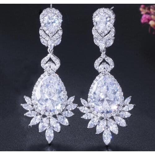 ThreeGraces Gorgeous CZ Stone Pave Large Flower Long Teardrop Crystal Bridal Dangling Earrings For Wedding Jewelry ER031