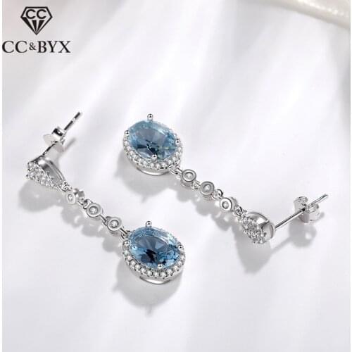 Drop Earrings For Women 925 Silver Needle Vintage Jewelry Oval Blue Cubic Zirconia Stone Long Eardrop Temperament Jewelry CCE648