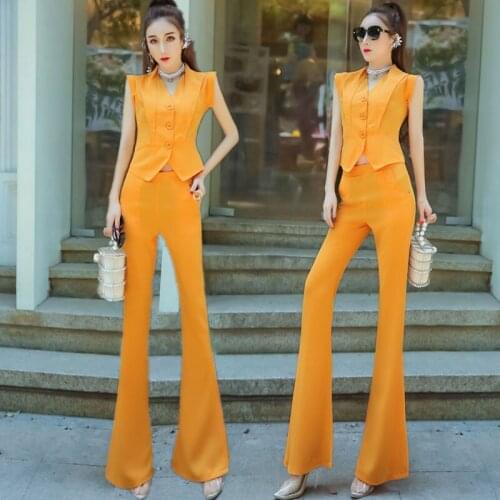 Women 2021 Summer New Sleeveless Chiffon Shirt Top Slim Was Thin Trousers Two Piece Sets Female Professional OL Suit Set B28