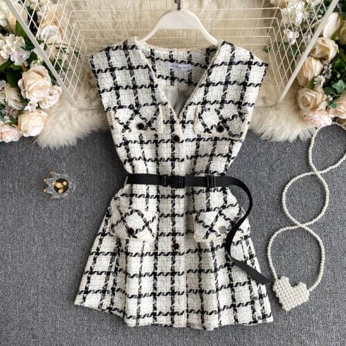 2021 Waist Slimmer Plaid All-Match Coat Jacket Women Hepburn Style New Tweed Vest Womens V-Neck Tie Waist