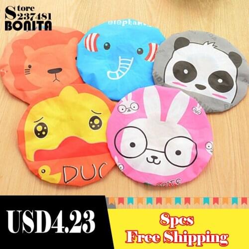 8pcs Waterproof shower cap cartoon animal Resuable Lace Elastic Band bath cap washing face cooking kitchen smoke hat for spa