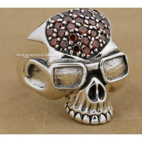 925 Sterling Silver Pilot Skull Red CZ Stone Mens Biker Rocker Ring 9D007